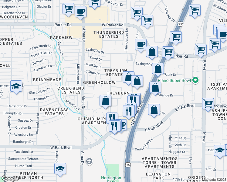 map of restaurants, bars, coffee shops, grocery stores, and more near 900 Redondo Circle in Plano