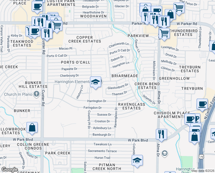 map of restaurants, bars, coffee shops, grocery stores, and more near 2417 Adderberry Lane in Plano