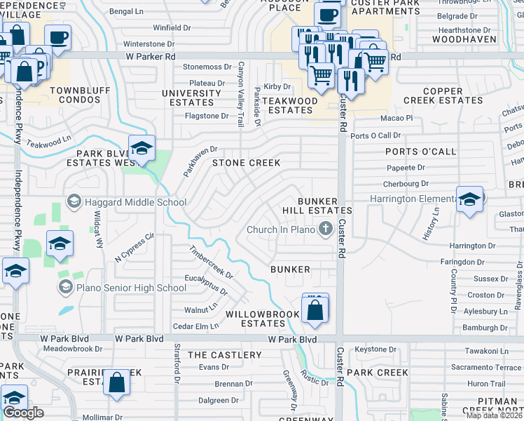 map of restaurants, bars, coffee shops, grocery stores, and more near 2613 Saratoga Drive in Plano