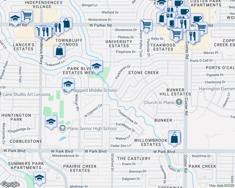 map of restaurants, bars, coffee shops, grocery stores, and more near 2525 Heather Hill Lane in Plano