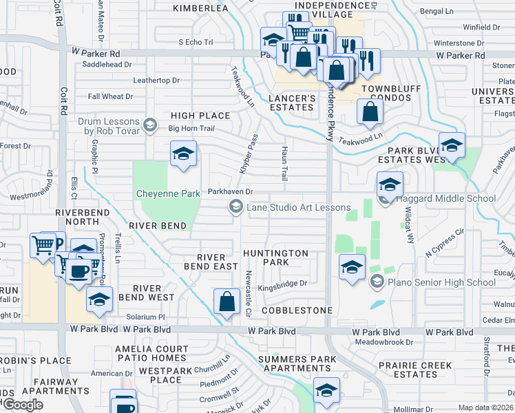 map of restaurants, bars, coffee shops, grocery stores, and more near 3460 Sheffield Circle in Plano