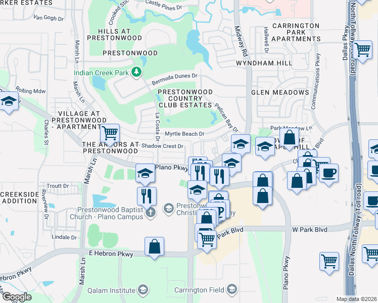 map of restaurants, bars, coffee shops, grocery stores, and more near 6601 West Plano Parkway in Plano