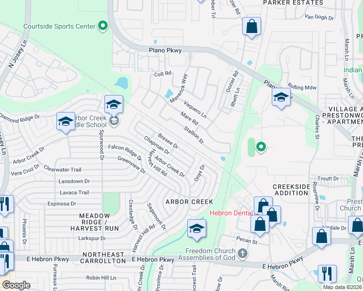 map of restaurants, bars, coffee shops, grocery stores, and more near 2273 Bresee Drive in Carrollton