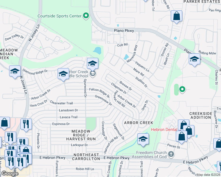 map of restaurants, bars, coffee shops, grocery stores, and more near 2144 Arbor Creek Drive in Carrollton