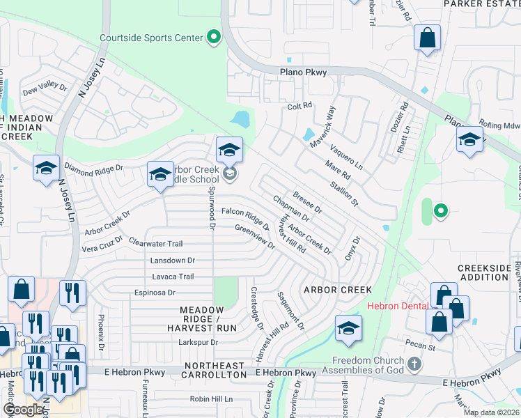 map of restaurants, bars, coffee shops, grocery stores, and more near 2144 Arbor Creek Drive in Carrollton