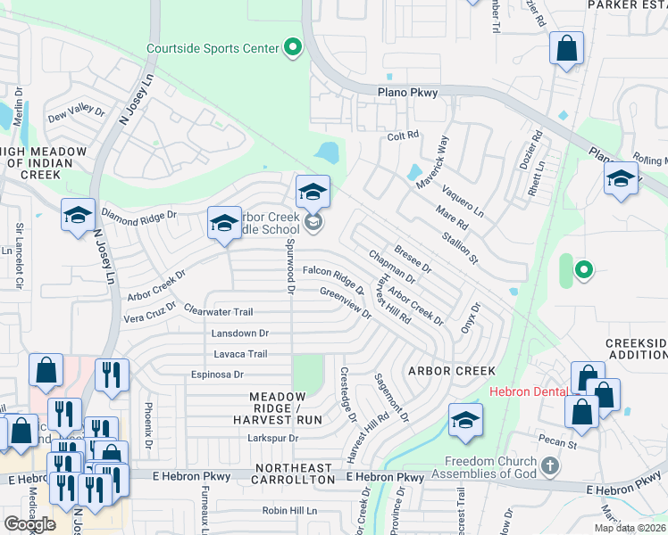 map of restaurants, bars, coffee shops, grocery stores, and more near 2121 Falcon Ridge Drive in Carrollton