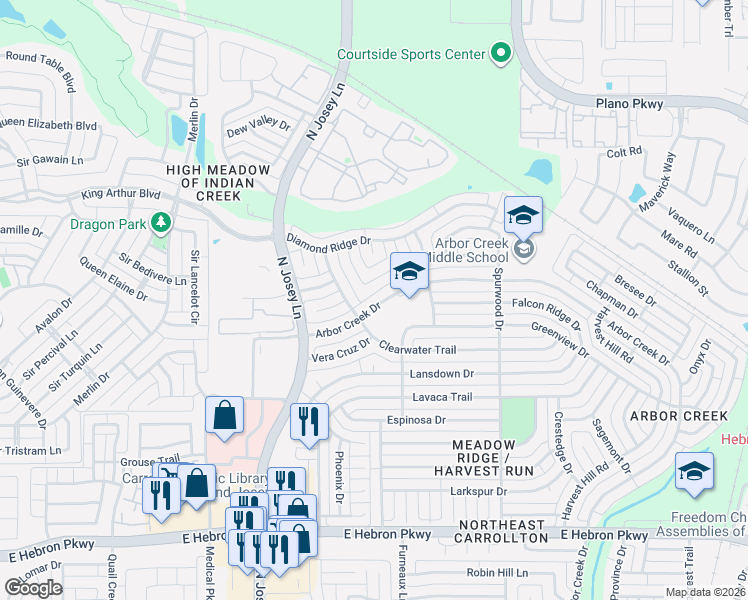 map of restaurants, bars, coffee shops, grocery stores, and more near 2003 Arbor Creek Drive in Carrollton
