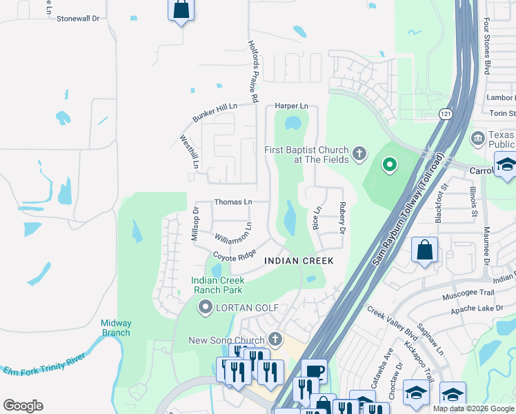 map of restaurants, bars, coffee shops, grocery stores, and more near 1609 Thomas Lane in Carrollton