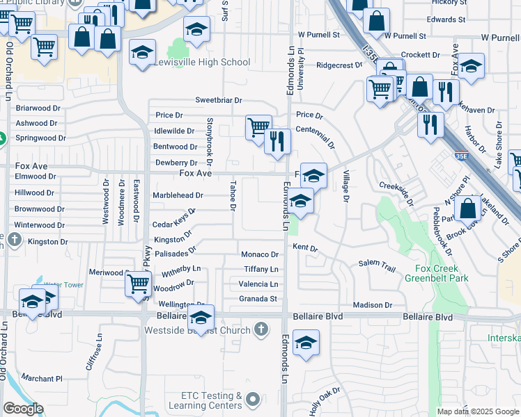 map of restaurants, bars, coffee shops, grocery stores, and more near 1020 Fox Avenue in Lewisville