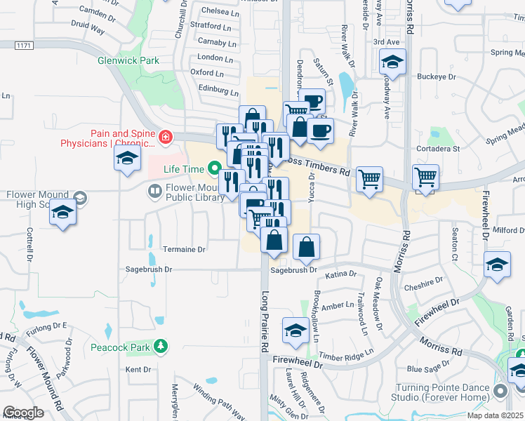 map of restaurants, bars, coffee shops, grocery stores, and more near 3451 Long Prairie Rd in Flower Mound