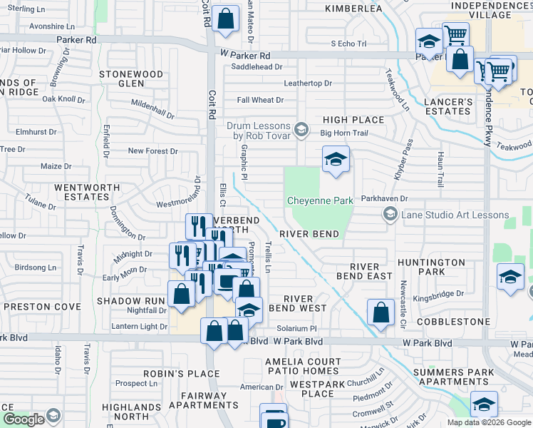 map of restaurants, bars, coffee shops, grocery stores, and more near 3813 Galleria Court in Plano