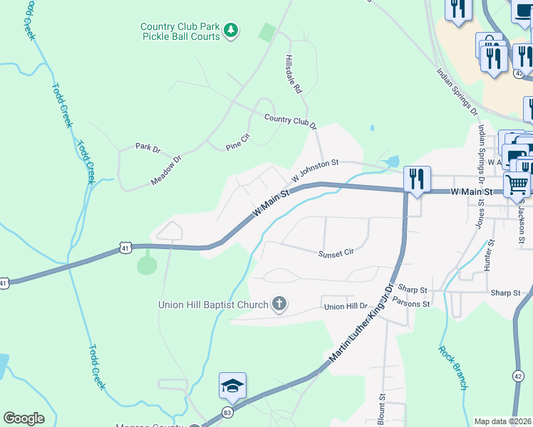 map of restaurants, bars, coffee shops, grocery stores, and more near 504 West Main Street in Forsyth