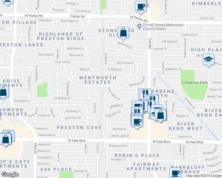 map of restaurants, bars, coffee shops, grocery stores, and more near 4229 Donnington Drive in Plano