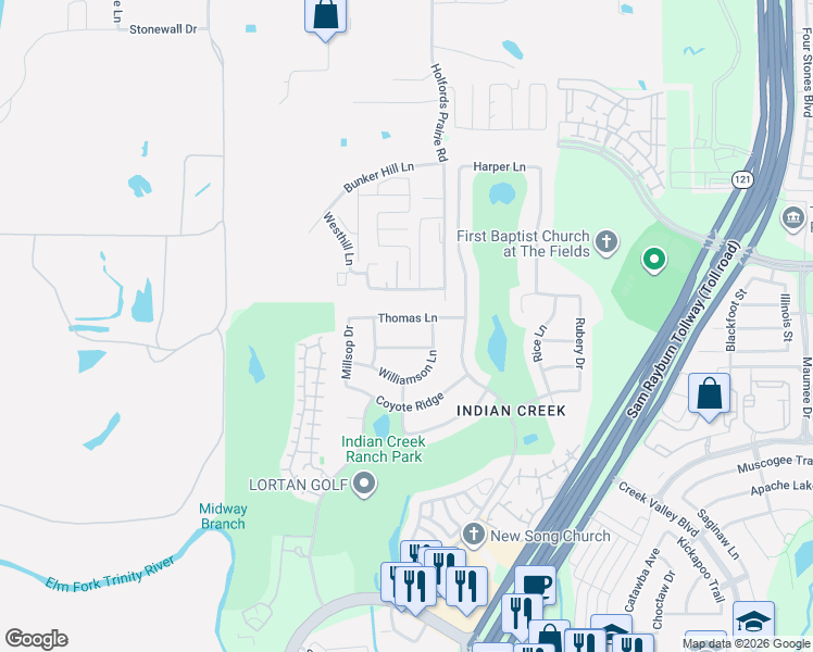 map of restaurants, bars, coffee shops, grocery stores, and more near 1629 Thomas Lane in Carrollton