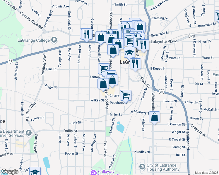 map of restaurants, bars, coffee shops, grocery stores, and more near 523 South Greenwood Street in LaGrange
