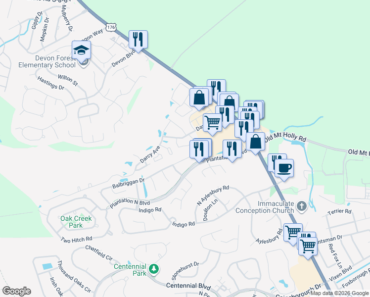 map of restaurants, bars, coffee shops, grocery stores, and more near 121 Taylor Circle in Goose Creek