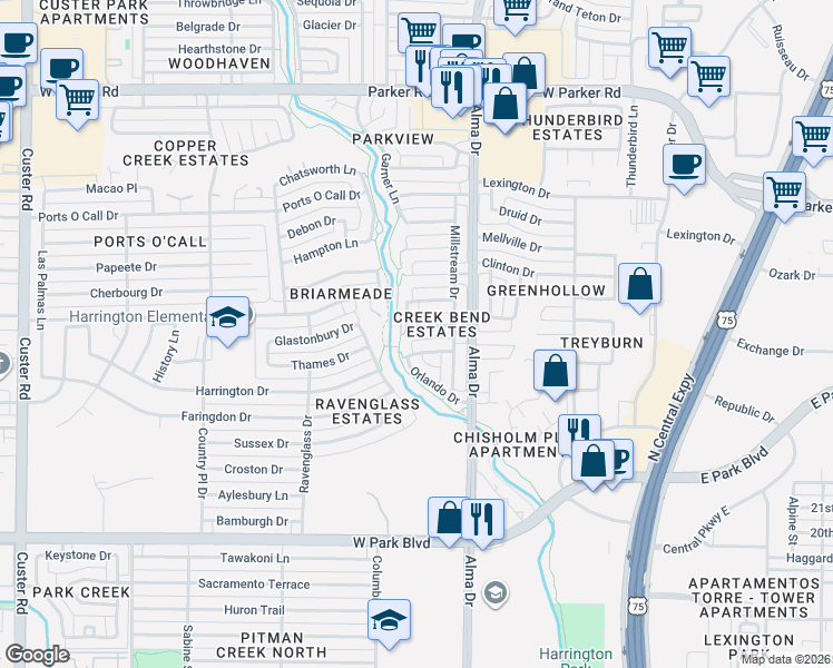 map of restaurants, bars, coffee shops, grocery stores, and more near 1204 Lake Ridge Drive in Plano