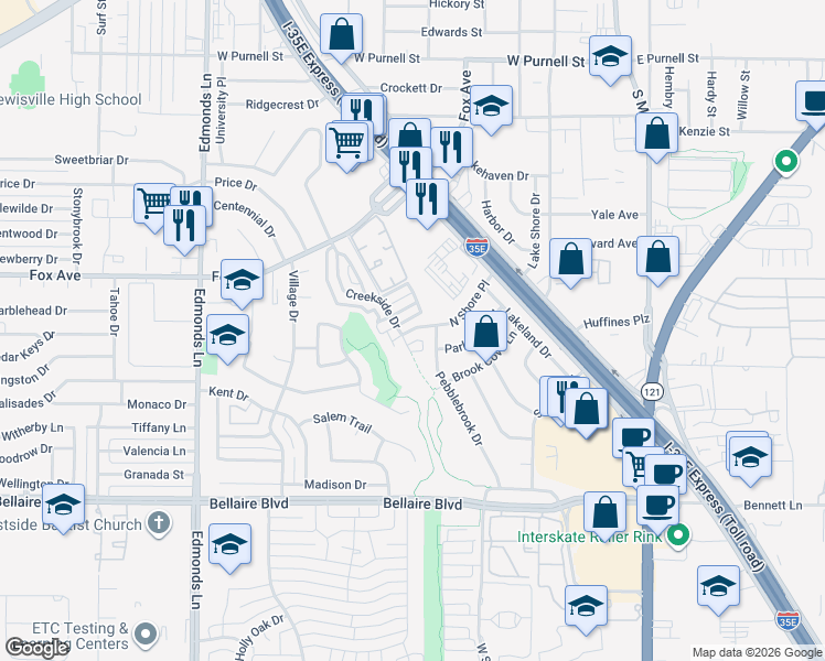 map of restaurants, bars, coffee shops, grocery stores, and more near 396 North Shore Place in Lewisville