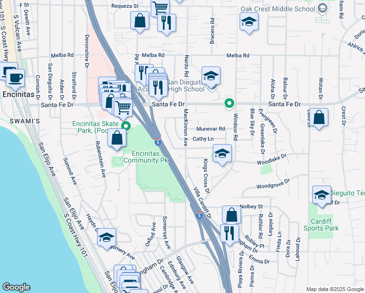map of restaurants, bars, coffee shops, grocery stores, and more near 628 Ocean Crest Road in Encinitas