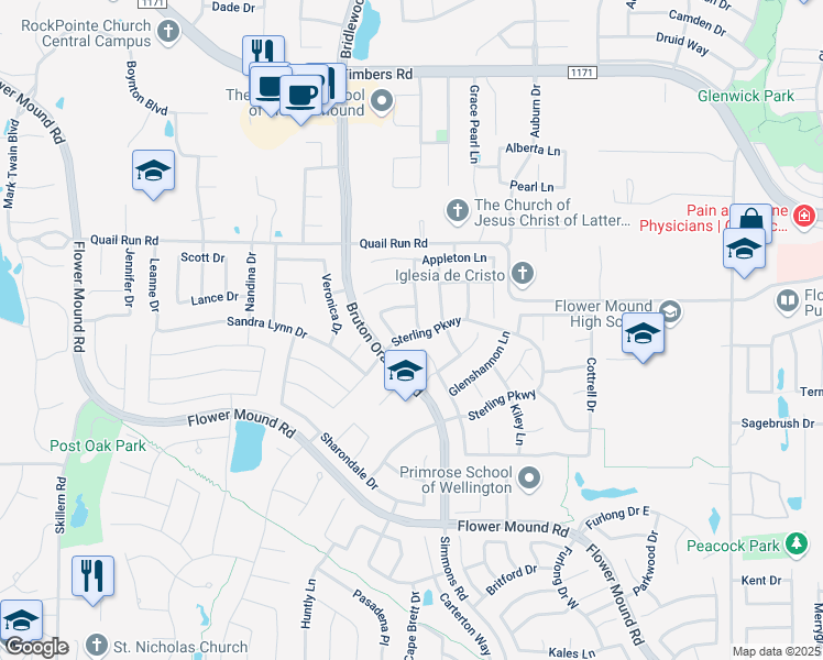 map of restaurants, bars, coffee shops, grocery stores, and more near 3501 Westminister Trail in Flower Mound