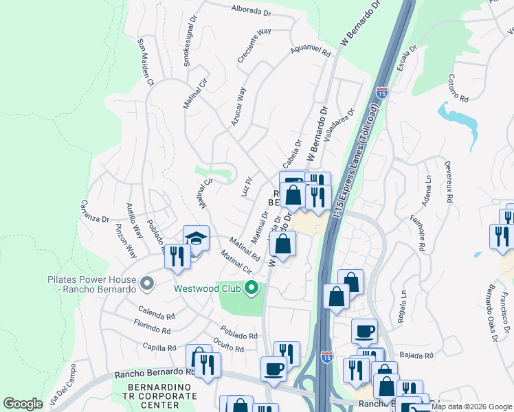 map of restaurants, bars, coffee shops, grocery stores, and more near 17570 Matinal Drive in San Diego