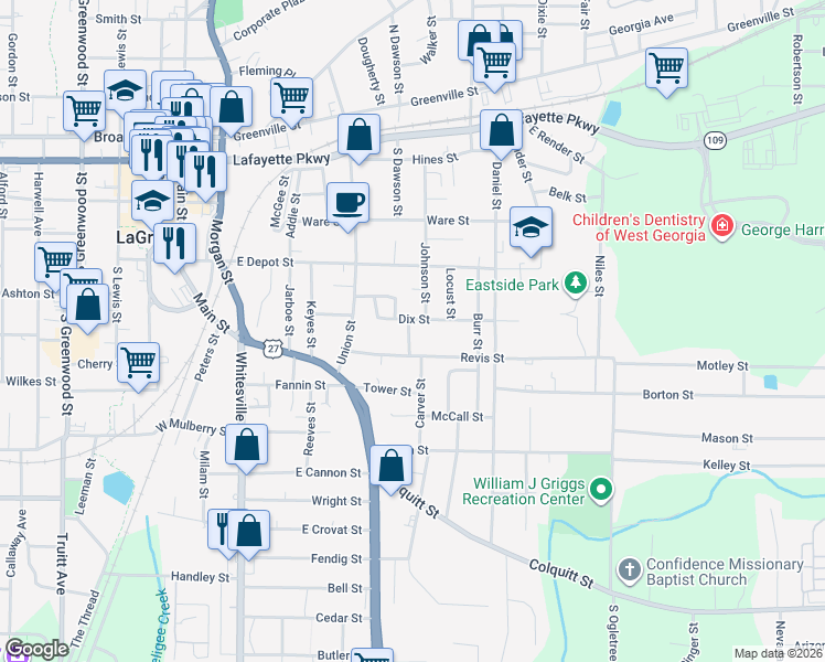 map of restaurants, bars, coffee shops, grocery stores, and more near 210 Dix Street in LaGrange