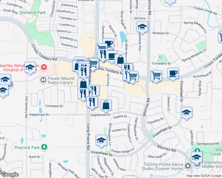 map of restaurants, bars, coffee shops, grocery stores, and more near 2548 Windchase Drive in Flower Mound