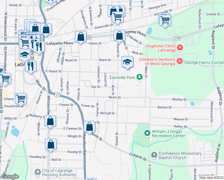 map of restaurants, bars, coffee shops, grocery stores, and more near 204 Burr Street in LaGrange