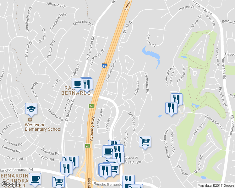 map of restaurants, bars, coffee shops, grocery stores, and more near Escala Dr & Caminito Ronaldo in San Diego