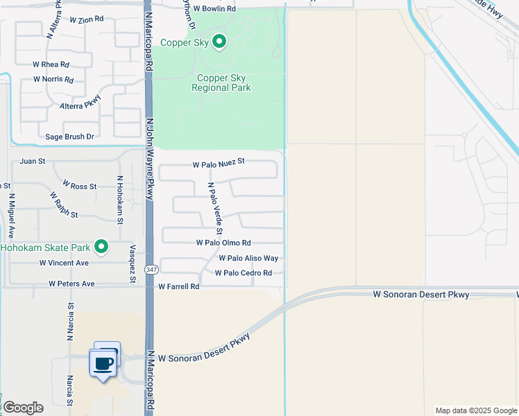 map of restaurants, bars, coffee shops, grocery stores, and more near 44052 West Palo Ceniza Way in Maricopa