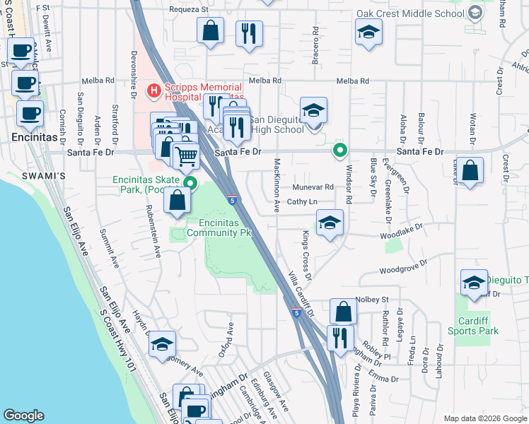 map of restaurants, bars, coffee shops, grocery stores, and more near 612 Ocean Crest Road in Encinitas