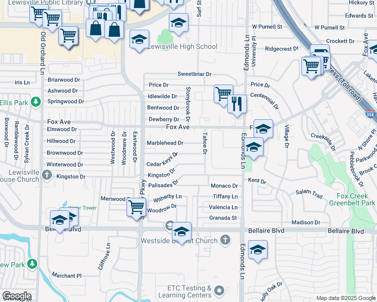 map of restaurants, bars, coffee shops, grocery stores, and more near 1409 Cedar Keys Drive in Lewisville