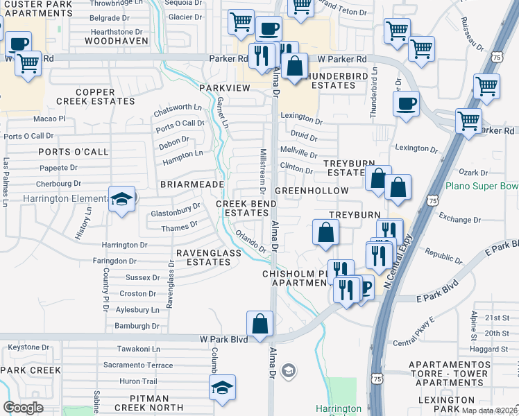 map of restaurants, bars, coffee shops, grocery stores, and more near 1108 Lake Ridge Drive in Plano