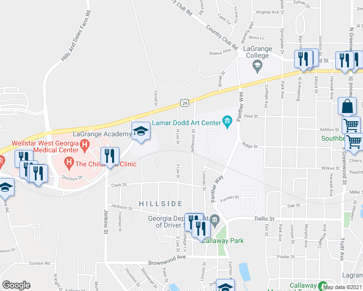 map of restaurants, bars, coffee shops, grocery stores, and more near 319 North Lee Street in LaGrange