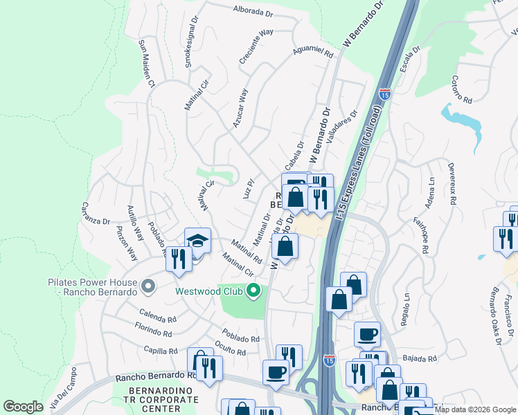 map of restaurants, bars, coffee shops, grocery stores, and more near 17570 Matinal Drive in San Diego