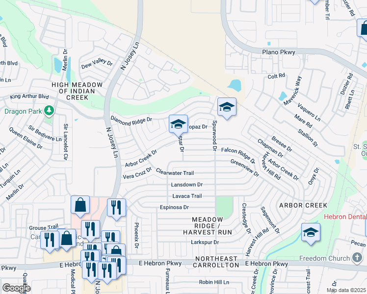 map of restaurants, bars, coffee shops, grocery stores, and more near 2014B Falcon Ridge Drive in Carrollton