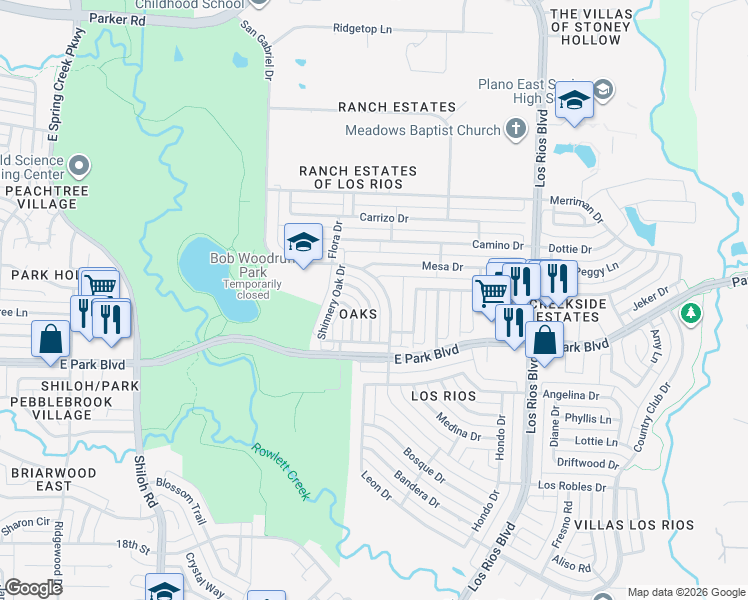 map of restaurants, bars, coffee shops, grocery stores, and more near 2336 Dyers Oak Drive in Plano