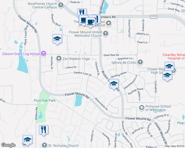 map of restaurants, bars, coffee shops, grocery stores, and more near 4212 Sandra Lynn Drive in Flower Mound
