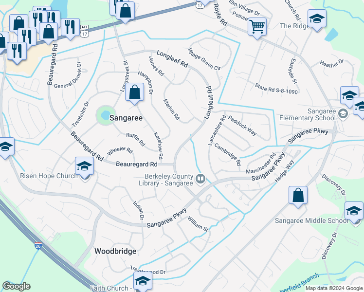 map of restaurants, bars, coffee shops, grocery stores, and more near 585 Longleaf Road in Summerville