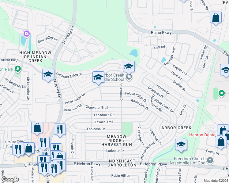 map of restaurants, bars, coffee shops, grocery stores, and more near 2025 Falcon Ridge Drive in Carrollton
