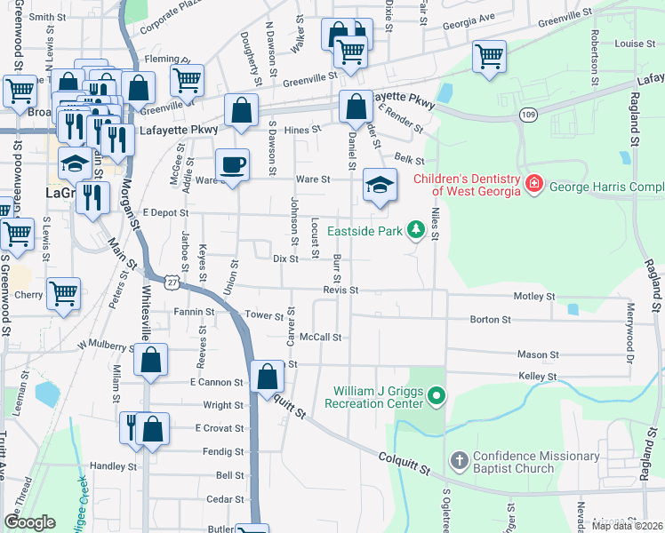 map of restaurants, bars, coffee shops, grocery stores, and more near 204 Burr Street in LaGrange