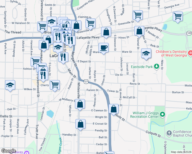map of restaurants, bars, coffee shops, grocery stores, and more near 205 Keyes Street in LaGrange