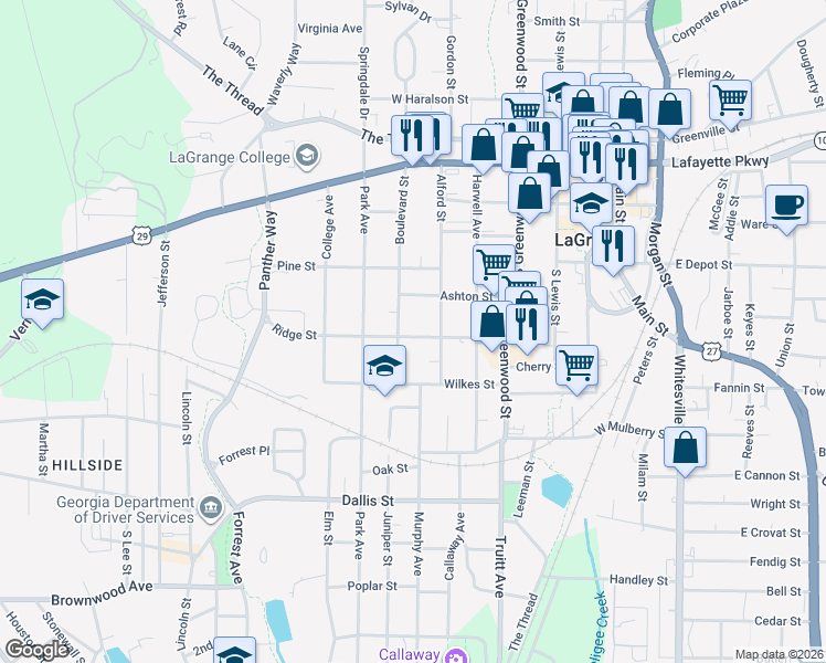 map of restaurants, bars, coffee shops, grocery stores, and more near 402 Ridge Street in LaGrange