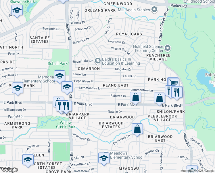 map of restaurants, bars, coffee shops, grocery stores, and more near 2801 Lemmontree Lane in Plano