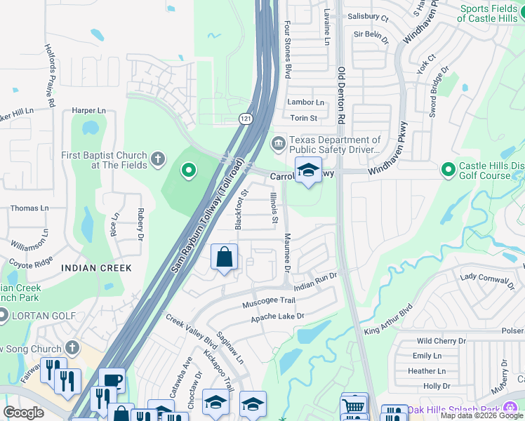 map of restaurants, bars, coffee shops, grocery stores, and more near 1201 Sioux Street in Carrollton