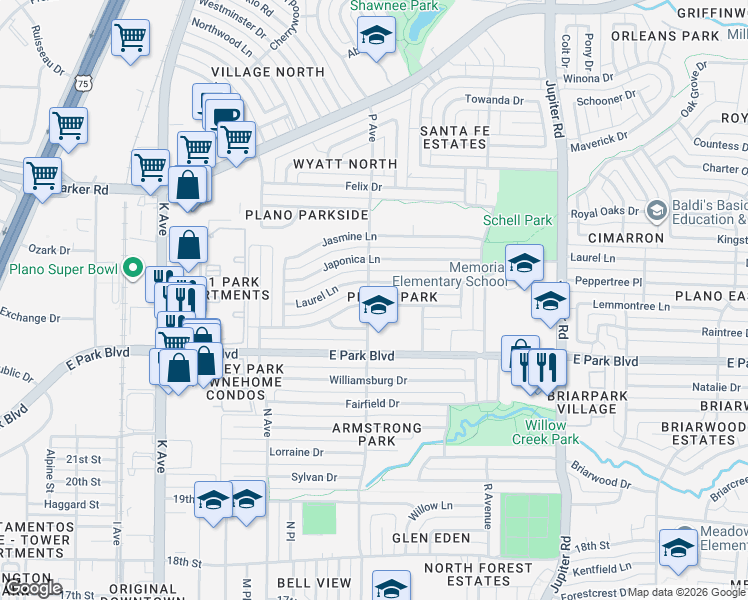 map of restaurants, bars, coffee shops, grocery stores, and more near 1701 Hawthorne Lane in Plano