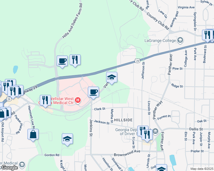map of restaurants, bars, coffee shops, grocery stores, and more near 1501 Vernon Road in LaGrange