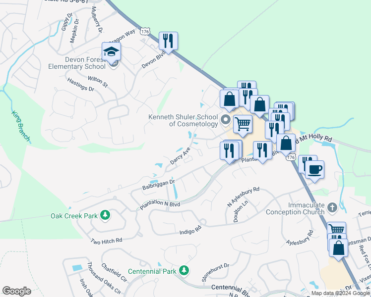 map of restaurants, bars, coffee shops, grocery stores, and more near 127 Darcy Avenue in Goose Creek