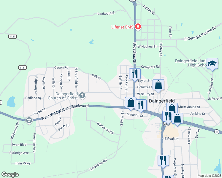 map of restaurants, bars, coffee shops, grocery stores, and more near 800 Webb Street in Daingerfield