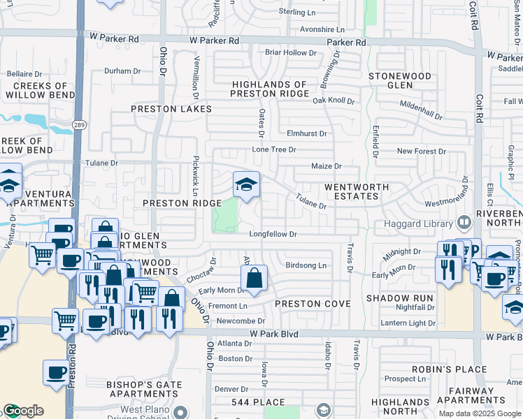 map of restaurants, bars, coffee shops, grocery stores, and more near 2601 Decator Drive in Plano